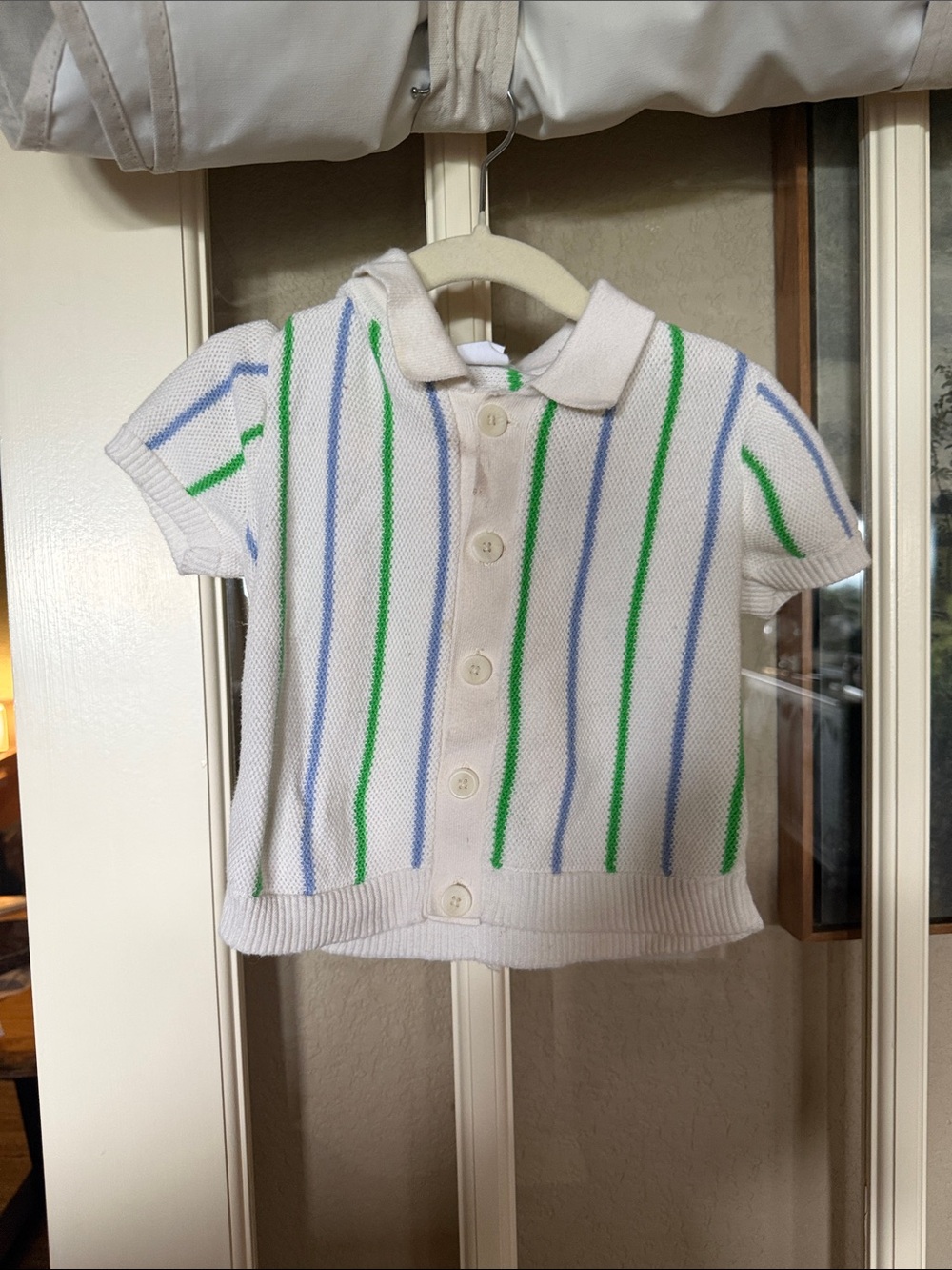 Kids Short-Sleeve Polo Cardigan - White with Green & Blue Stripes